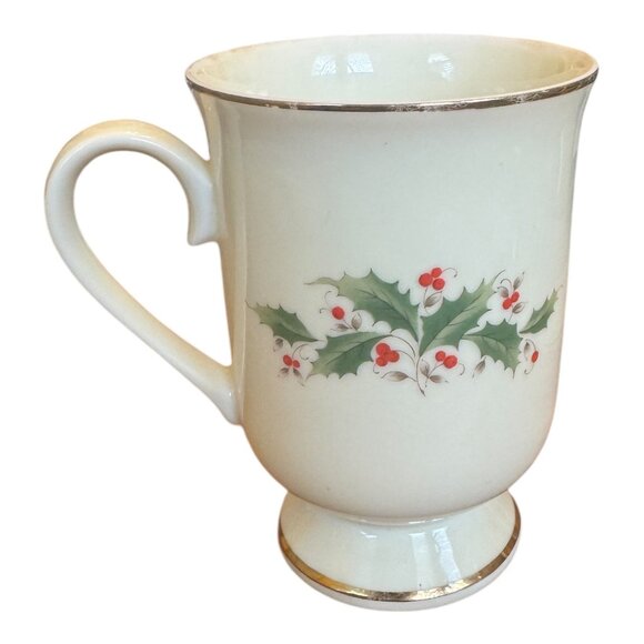 Kenasho Vintage Holiday Holly Berry Footed Coffee Mugs  Set Of 2 - Picture 9 of 12